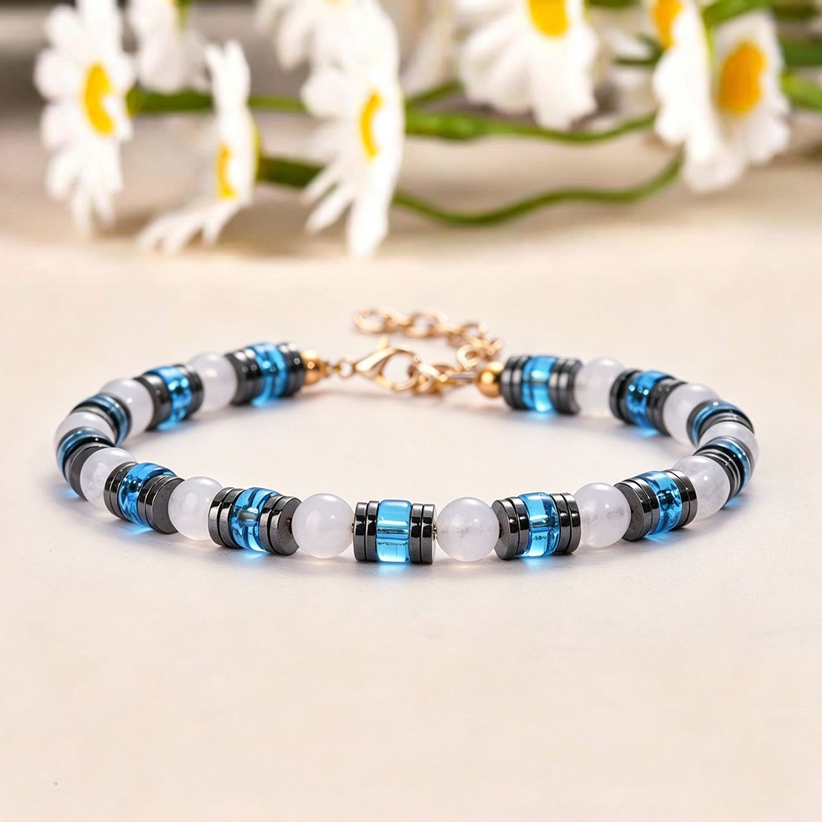 Moonstone Bead Bracelet with Adjustable Golden Chain